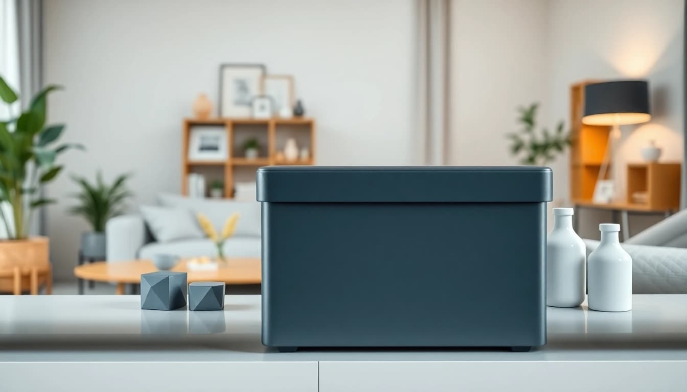 Organized storage box enhancing a modern living space with sleek design.