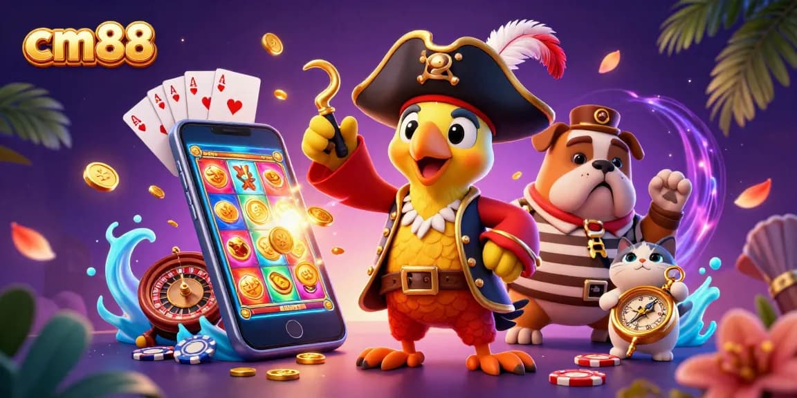 Experience vibrant casino action with cm88, featuring pirates playing slot games and colorful elements.