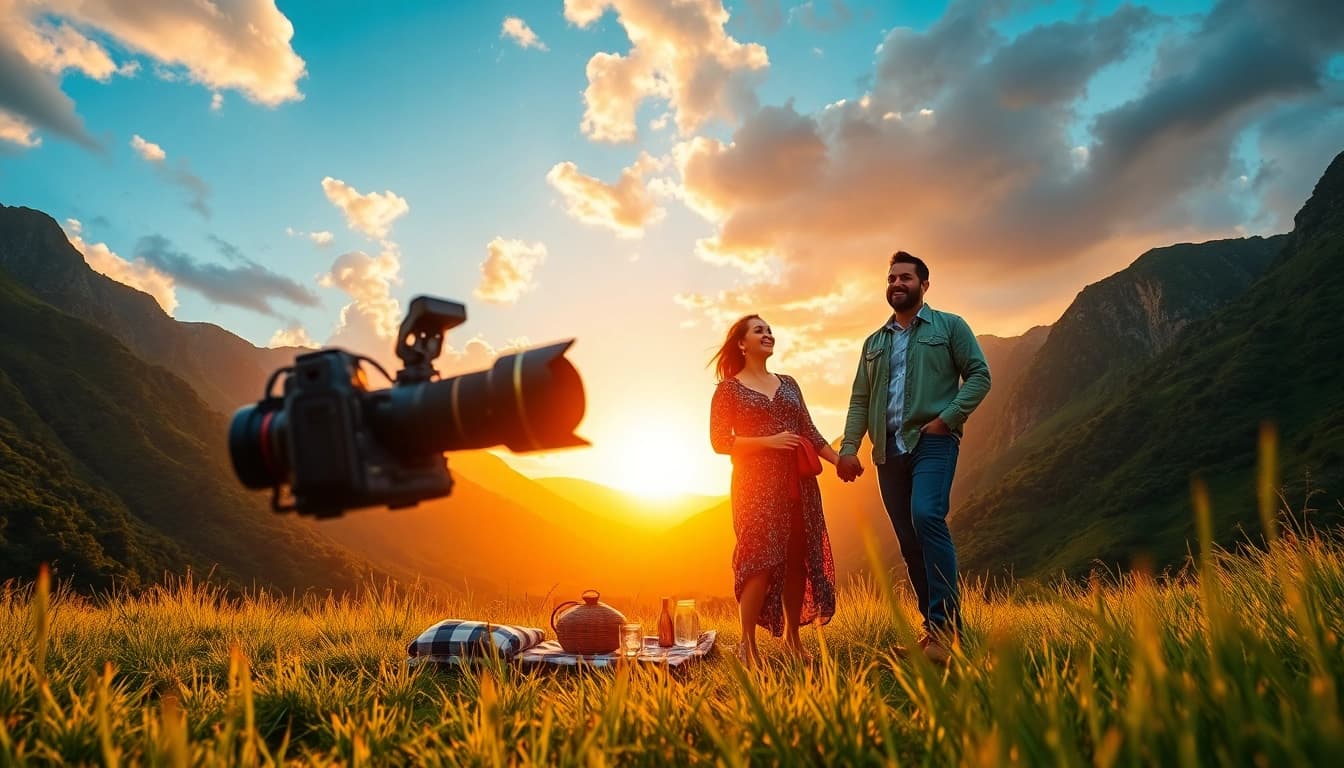 A destination photographer captures a couple in a scenic landscape during sunset, creating unforgettable memories.