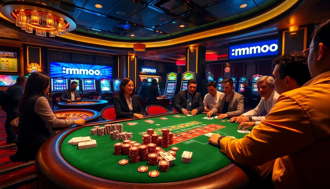Vibrant casino scene featuring poker gameplay with 'mmoo' displayed, showcasing excitement and professionalism.