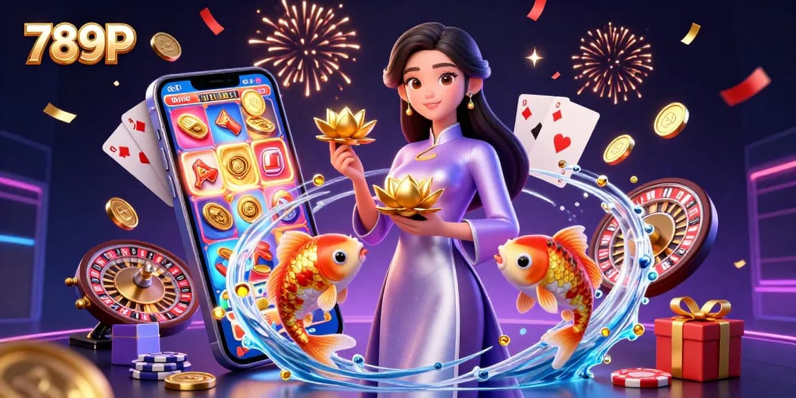 Engage with 789P as an elegant Asian woman holds a golden lotus amidst a vibrant casino-themed scene.