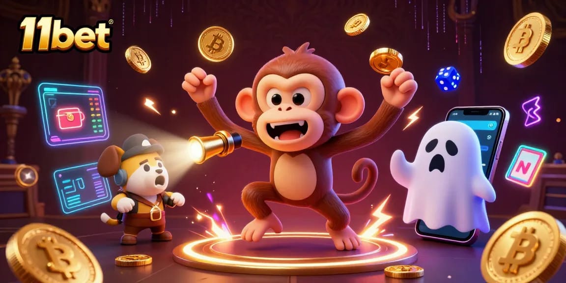 Engage with 11bet featuring a playful monkey and ghost-hunting puppy amid a vibrant haunted casino.