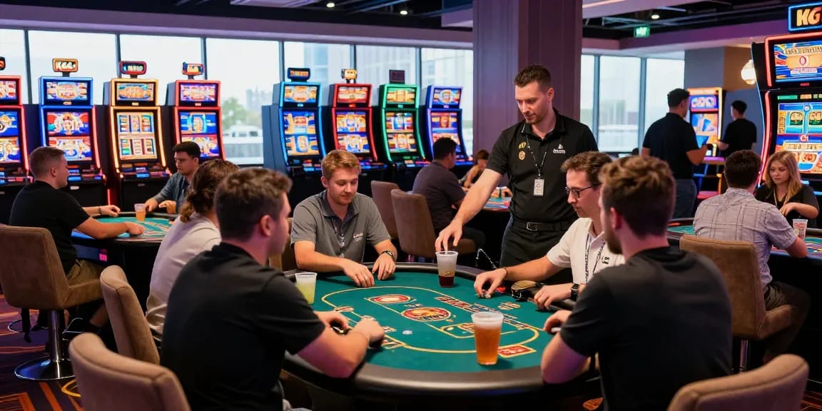 Exciting KO66 Casino gaming scene with players at tables and slot machines.