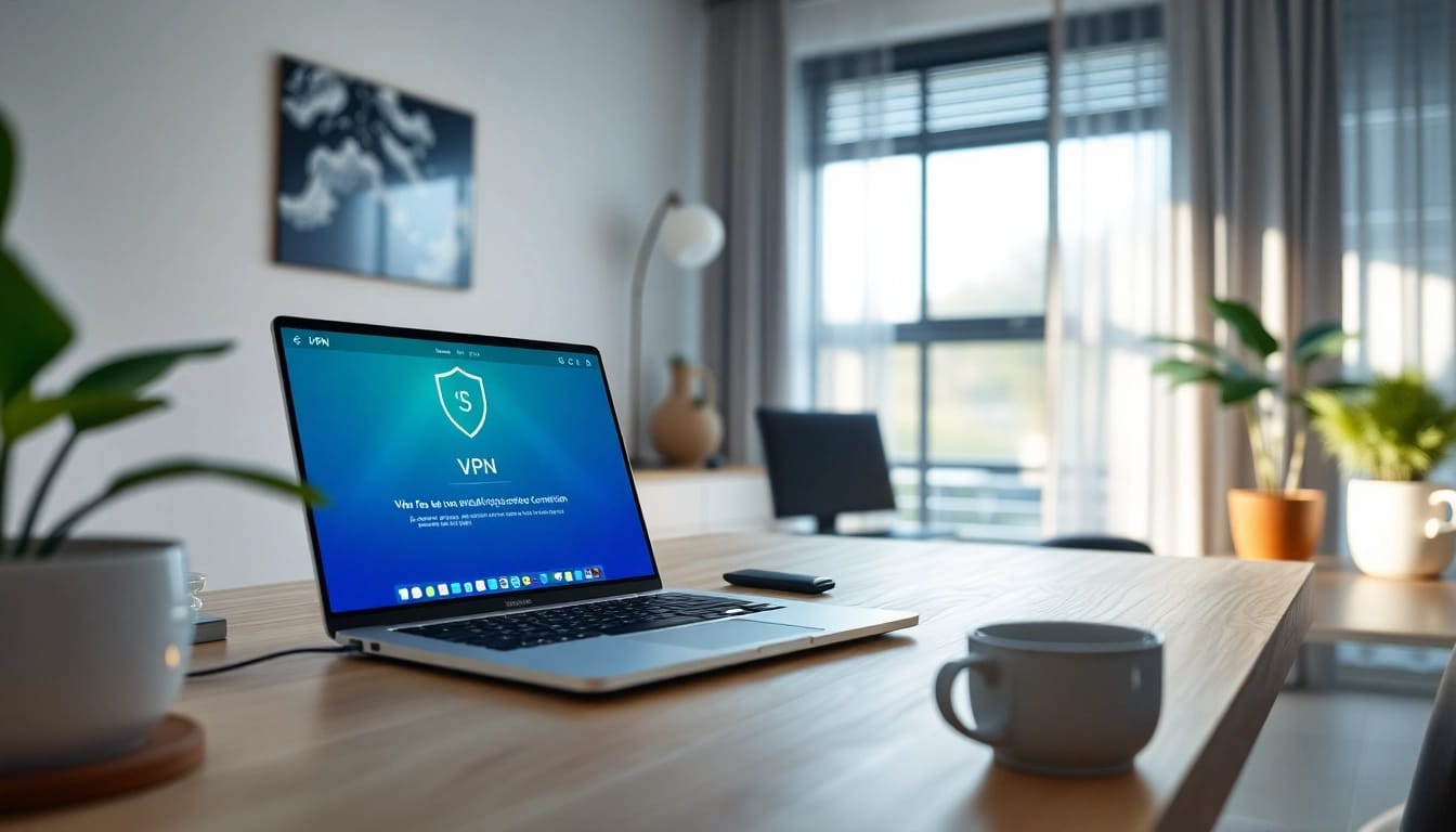 在明亮的家庭办公室中，现代笔记本电脑上显示的快连 VPN 软件，象征安全且快速的互联网访问。