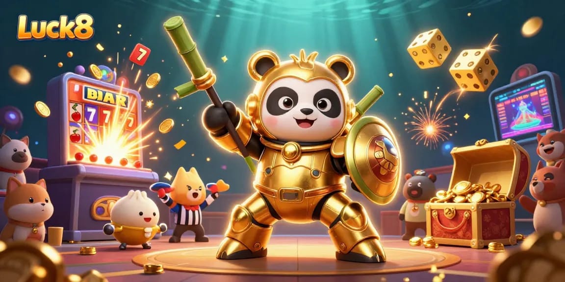 Luck8 brings excitement with a lively scene of a panda in a mech-suit piloting a robot amidst a jackpot explosion.