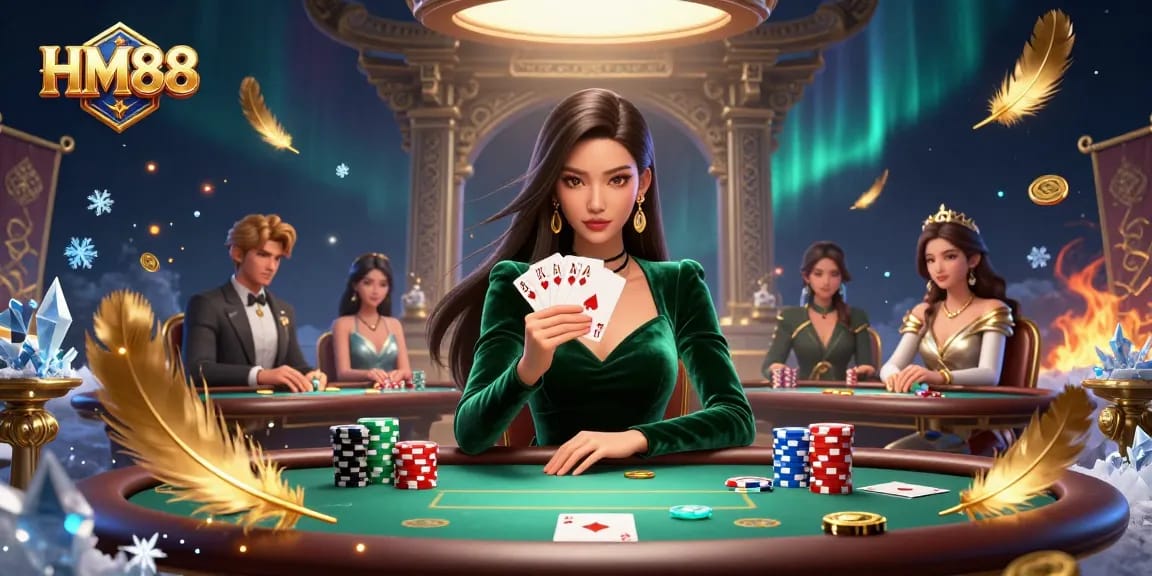 Engage with thrilling poker action at HM88 featuring a stunning dealer, poker cards, and vibrant casino elements.