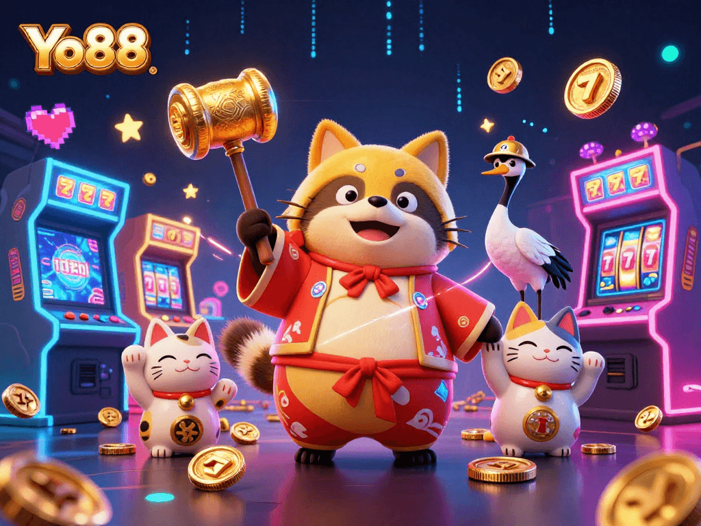 Engage with Yo88's vibrant casino experience featuring cheerful characters and gaming elements.