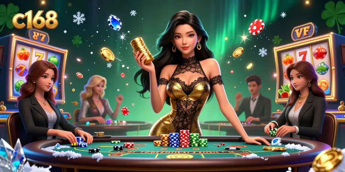 C168 showcases high-stakes baccarat action with luxurious casino elements and vibrant slot symbols.