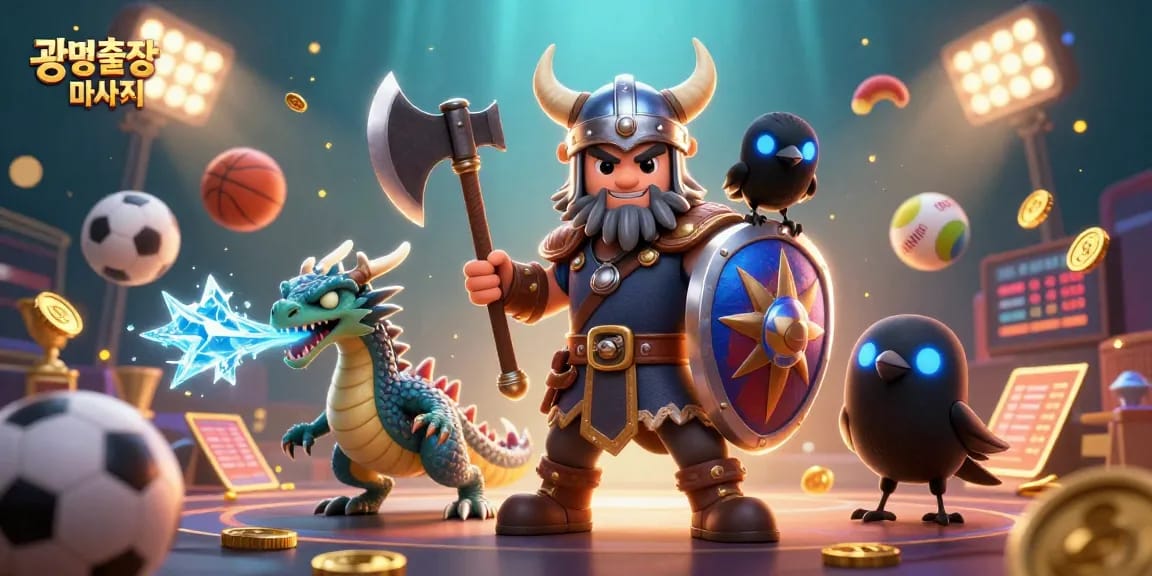 Engaging scene of 광명출장마사지 featuring a Viking wolf warrior, fierce dragon, and raven amidst dynamic sports elements and golden trophy.
