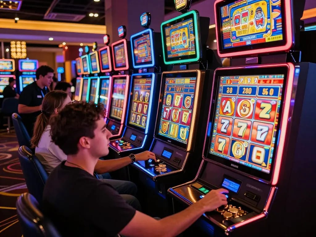 Players celebrating wins on slot 777 machines in a lively casino atmosphere.
