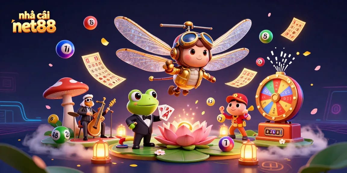 nhà cái net88 showcases a vibrant casino scene with a dragonfly pilot, frog dealer, and lively musicians.