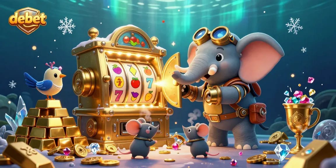 Spin the golden slot machine with debet, as the steampunk elephant engineer bets amidst gleaming treasures.
