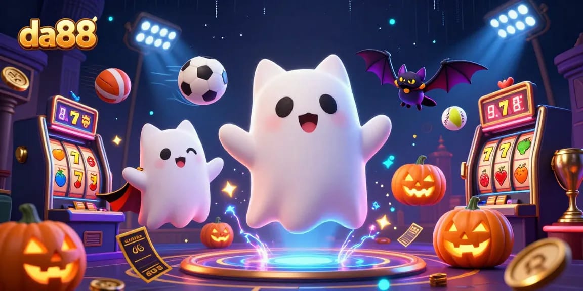 Bet on da88's ghostly gambling experience with vibrant illustrations of a haunted casino.