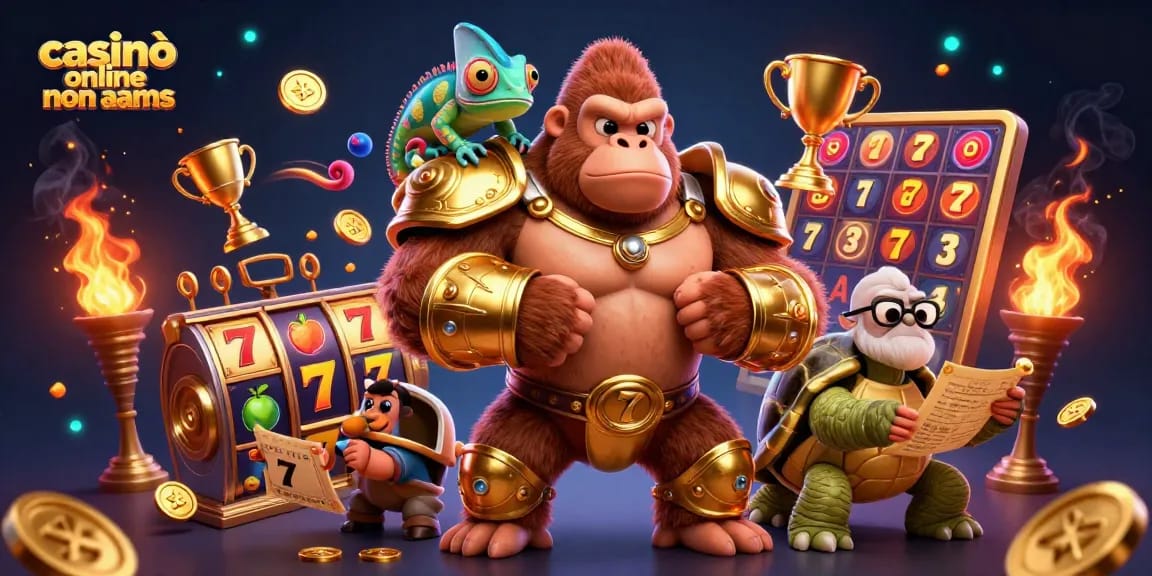 Casinò online non AAMS: illustrazione dinamica con un gorilla re e simboli delle slot