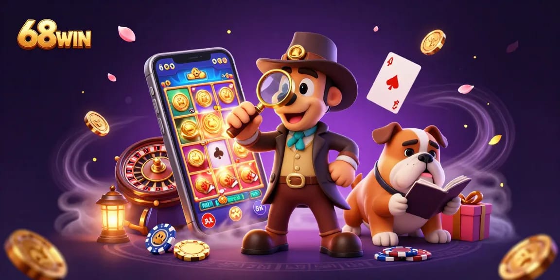 68WIN brings thrilling casino adventures with a cartoon detective exploring poker treasures.