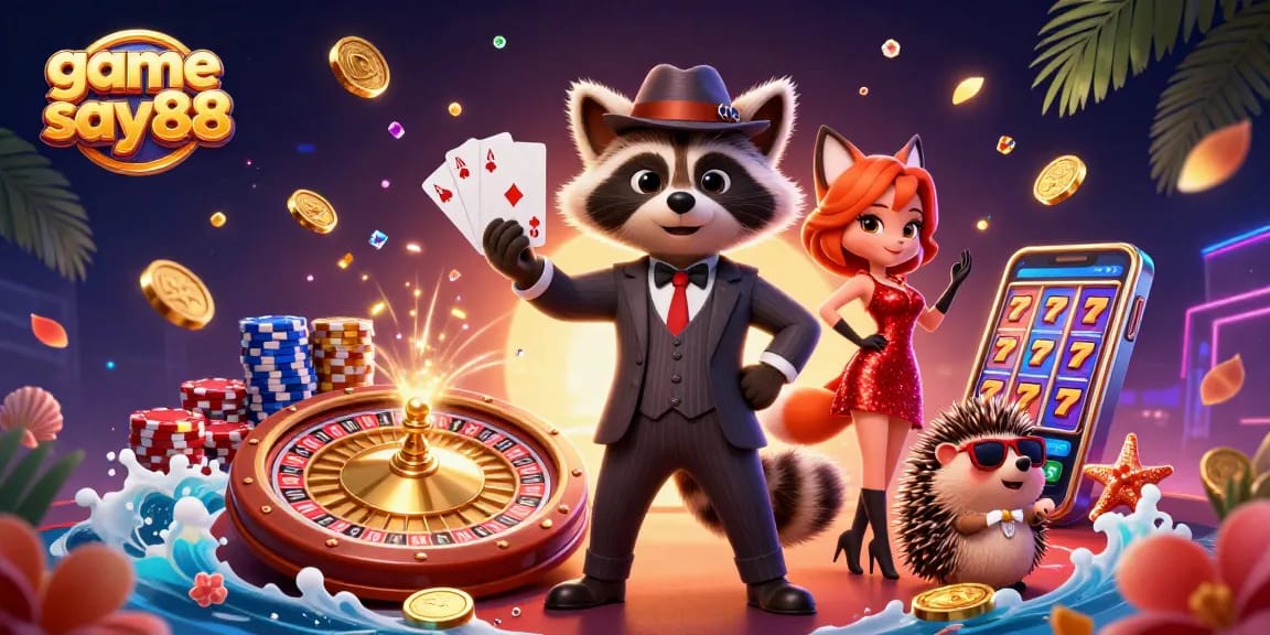 Catching big wins at game say88 with stylish characters in a lively casino illustration