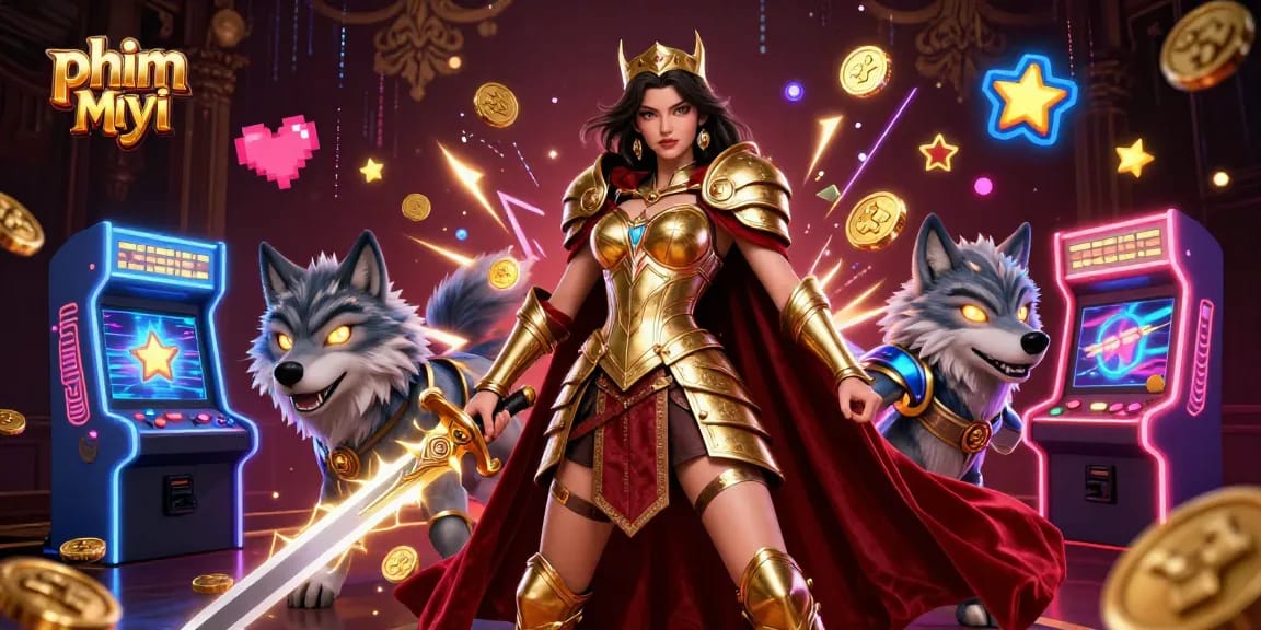Experience the thrill of phim moi with a warrior queen battling in a vibrant casino backdrop.