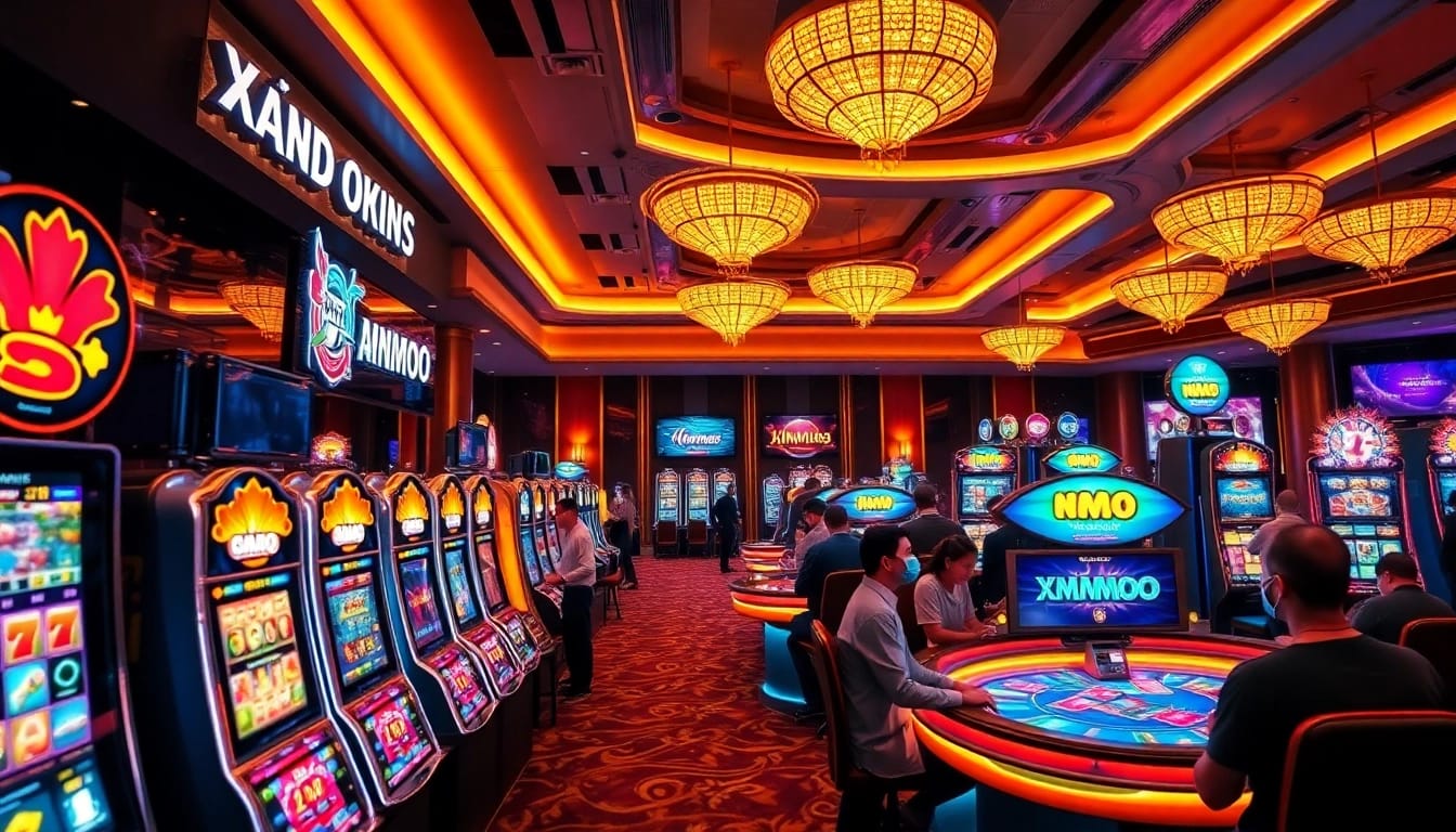 Engaging scene of nhà cái mmoo showcasing a luxurious online casino experience, featuring 3D games and happy players.