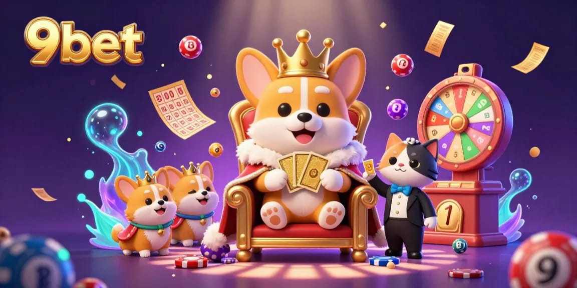 Engage in thrilling games at 9bet with our royal corgi mascot surrounded by vibrant lottery elements.