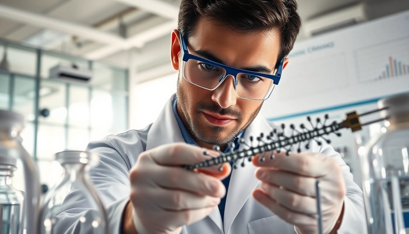 Analyze peptides in a cutting-edge research lab with advanced scientific equipment.