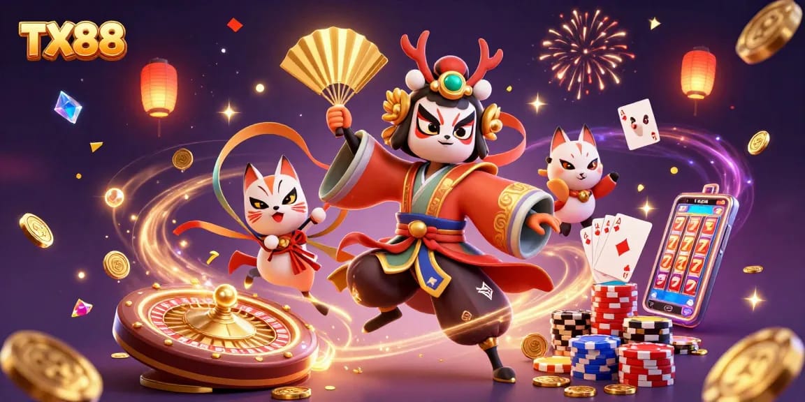 TX88 engages players in a vibrant casino scene with a kabuki warrior and magical elements.