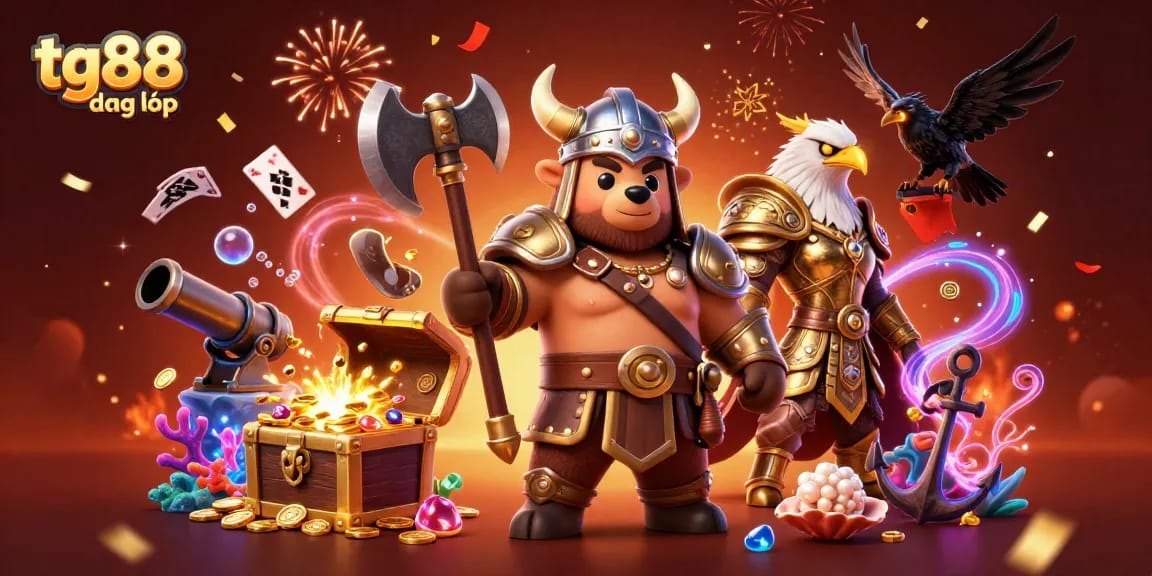 Visualizing tg88 đăng nhập with a dynamic scene of 3D characters, casino elements, and vibrant colors