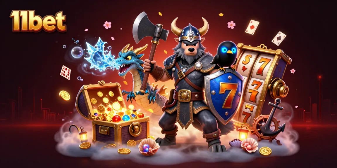 Engage in thrilling 11bet adventures with a Viking warrior, dragon, and vibrant casino elements.