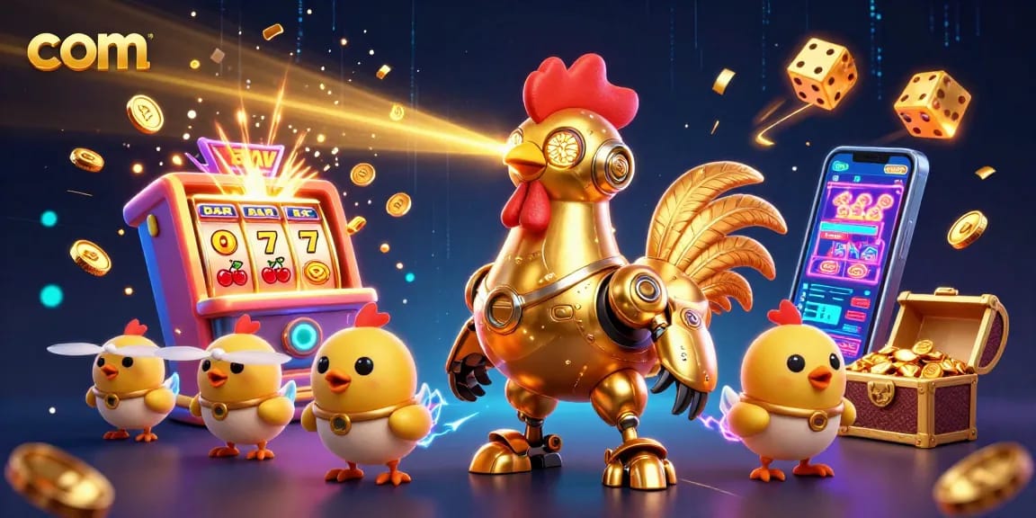 Experience the thrill of com as the golden rooster robot and baby chick drones engage in a jackpot explosion.