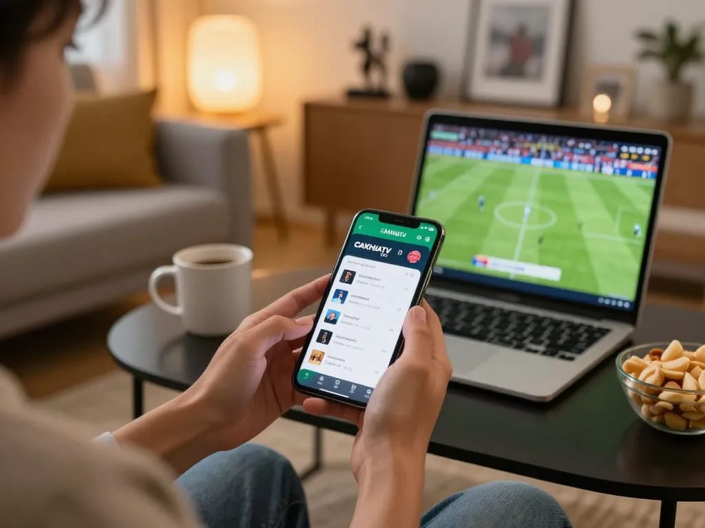 Engaging CAKHIATV sports betting action from a smartphone in a cozy home setting
