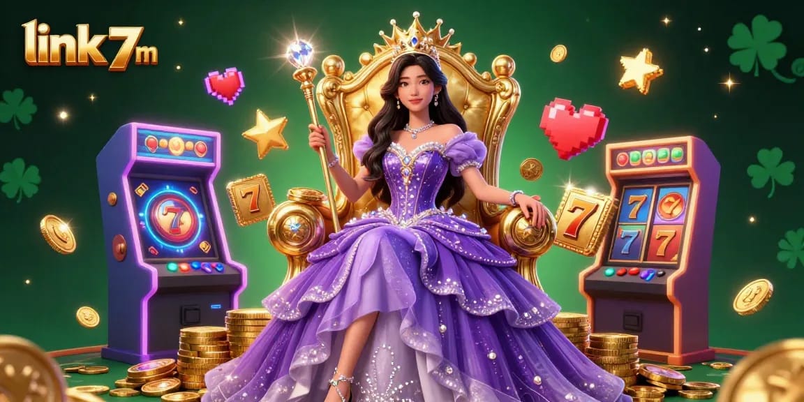 Engage with link 7m in this vibrant 3D casino illustration featuring a royal casino princess and dynamic game elements.