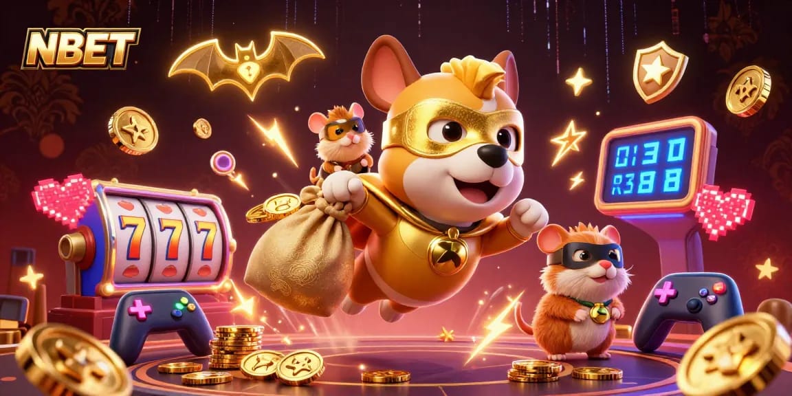 NBET rewards await as a superhero dog and hamster engage in thrilling casino action.