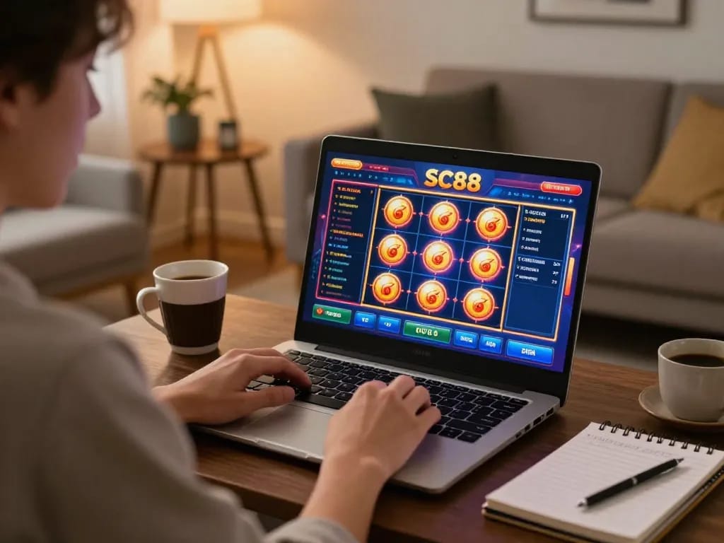 Player enjoying SC88 online slots on laptop at home with cozy decor and strategy notes.