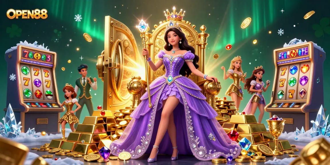 Experience incredible gaming with OPEN88 as a beautiful Asian woman presides over a casino treasure scene.