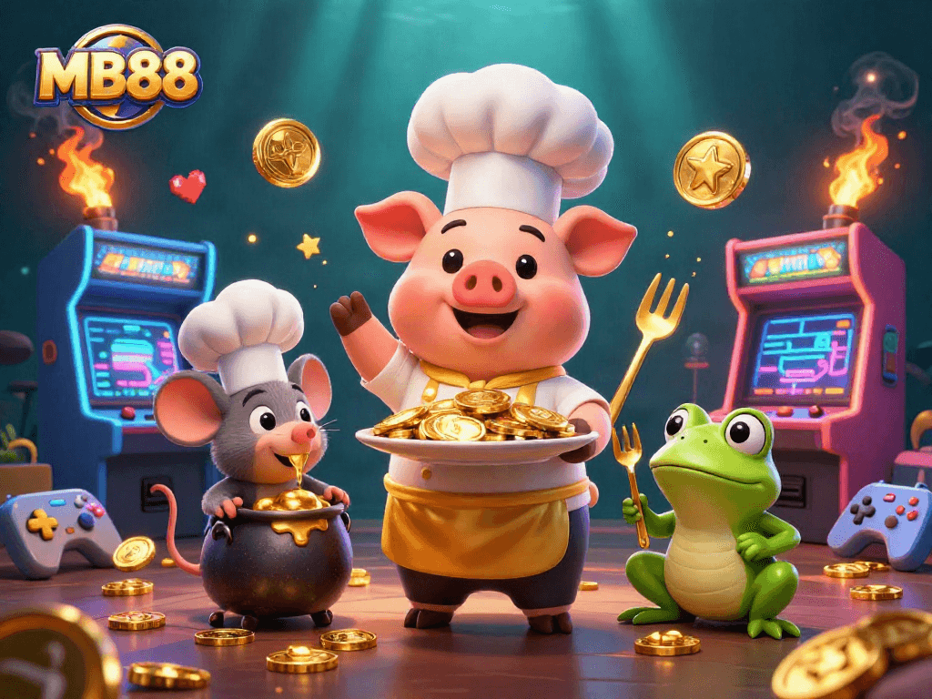 Engage with MB88's vibrant casino illustration featuring gold coins, characters, and glowing elements.