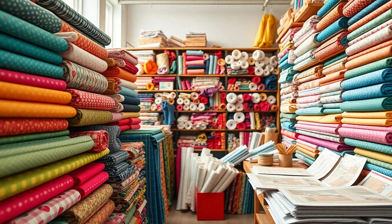 Koop stof per meter in een kleurrijke stoffenwinkel met diverse texturen.