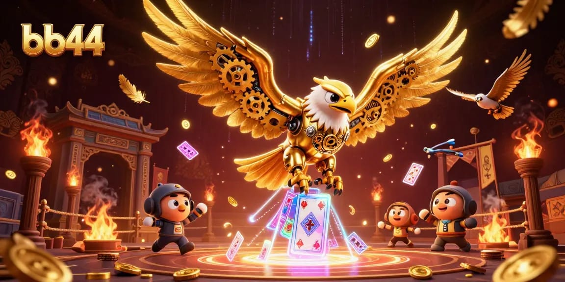 Experience exciting action with bb44’s captivating 3D rendering of a cybernetic golden eagle and holographic playing cards.