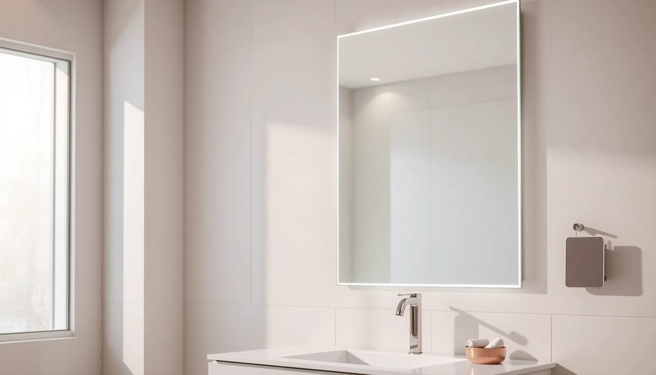 Show a sleek bathroom with a stylish mirror and led lights enhancing the decor.