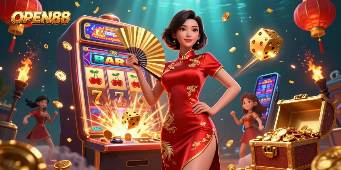 Experience the thrill of OPEN88 with a stunning 3D illustration showcasing vibrant casino elements.