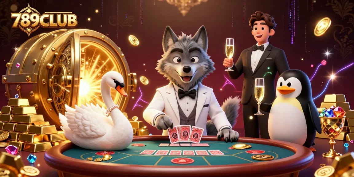 Experience the luxurious world of 789CLUB with vibrant characters and treasures at the baccarat table.