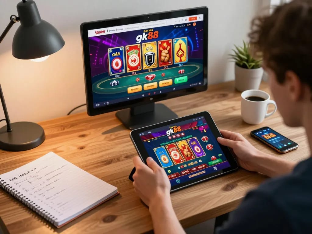 Engaging online gaming experience at nhà cái gk88 with tablet showing casino interface.