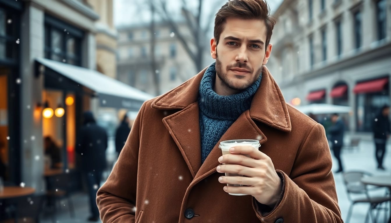Man showcasing winter coats men in a snowy urban landscape for a stylish winter look.
