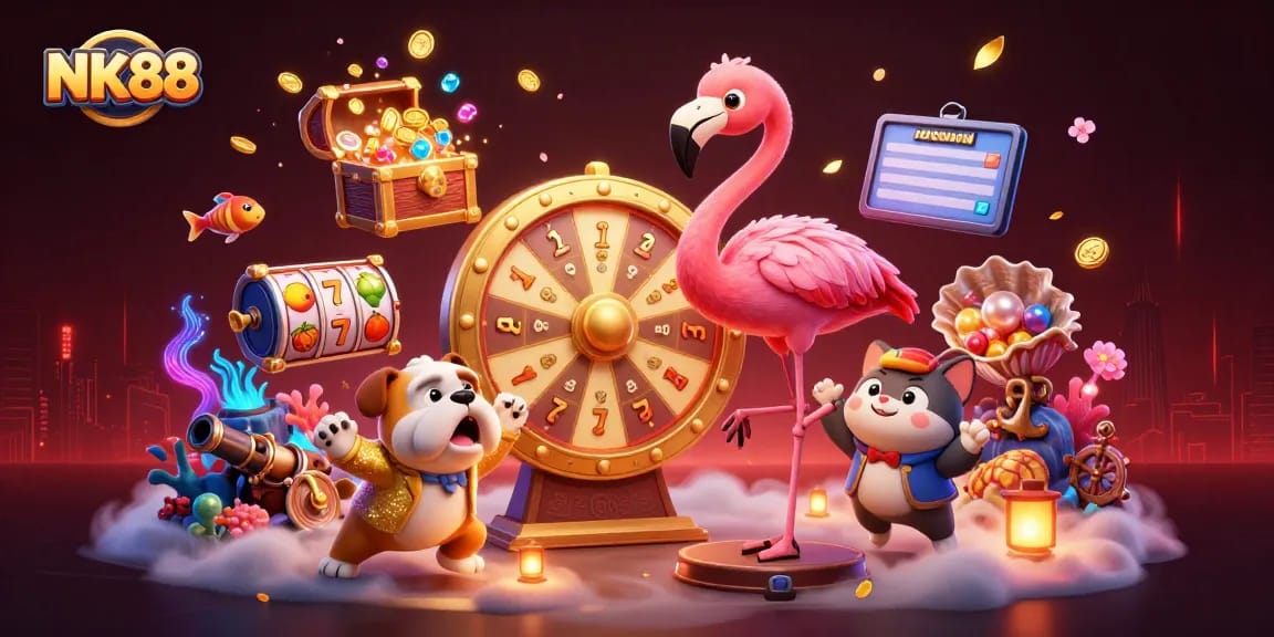 NK88 spins the golden prize wheel in an exciting 3D casino scene filled with vibrant elements.