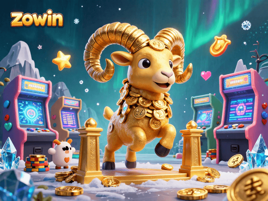 Experience the thrill of gaming at Zowin with a golden ram charging through a vibrant casino world.