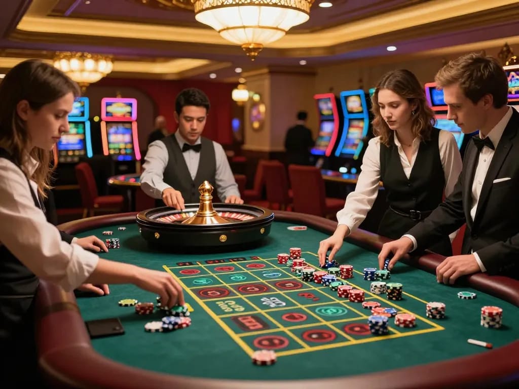 Players engaging at the roulette table in a vibrant casino showcasing rokok88 rtp with focused bets and strategic gameplay.
