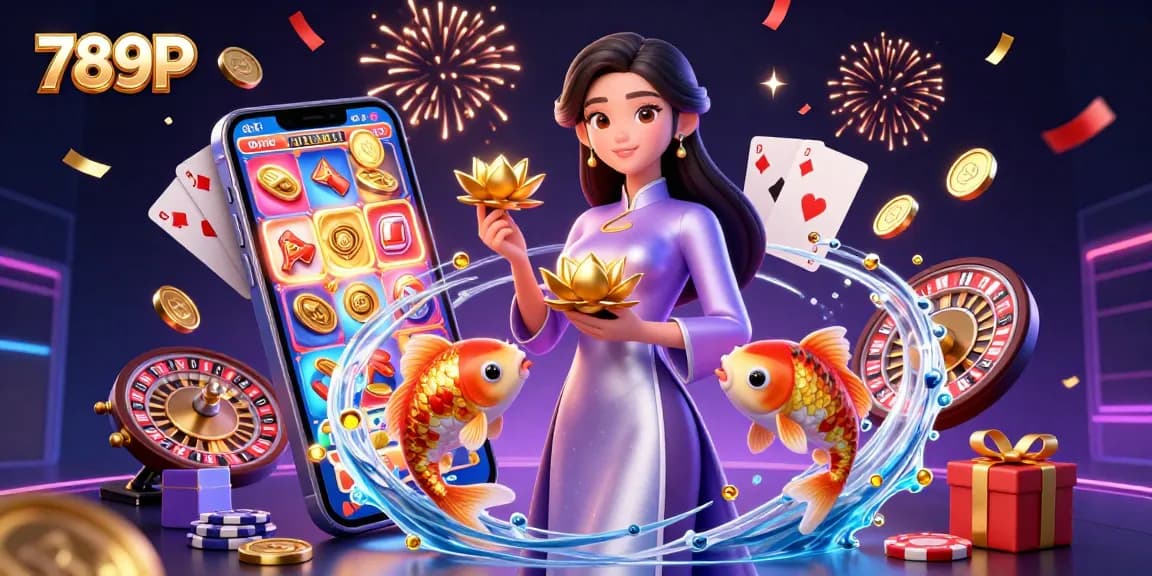 Engage with 789P as an elegant Asian woman holds a golden lotus amidst a vibrant casino-themed scene.