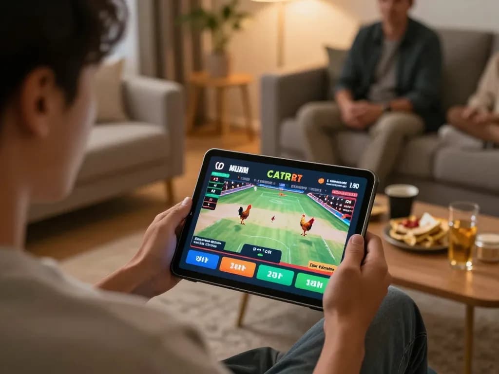 Live betting action on đá gà trực tiếp thomo 88 displayed on tablet in a cozy living room setting.