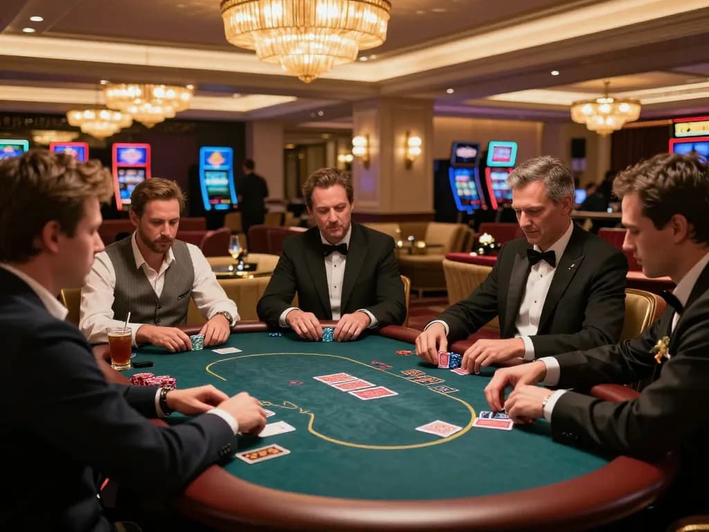 VIPWIN players enjoying high-stakes poker in an upscale casino VIP lounge environment.