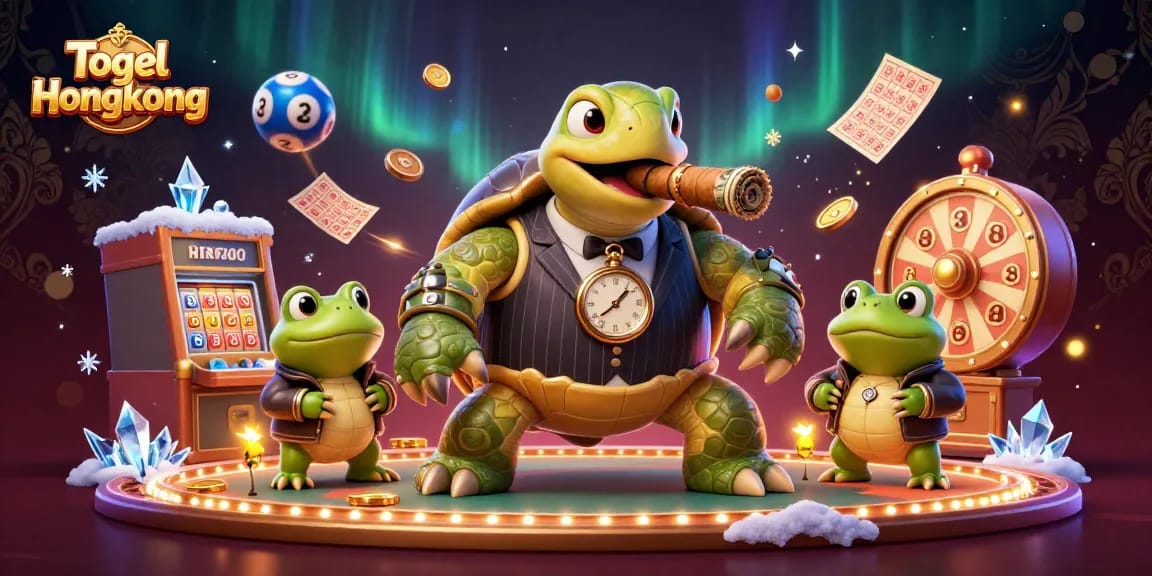 Togel Hongkong lottery scene with a snapping turtle in a mobster suit and bingo elements flying around.