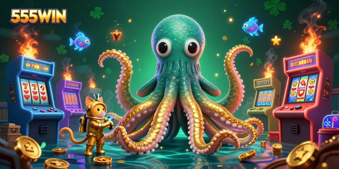 Experience exciting gambling adventures with 555WIN featuring a colossal kraken and vibrant casino elements.