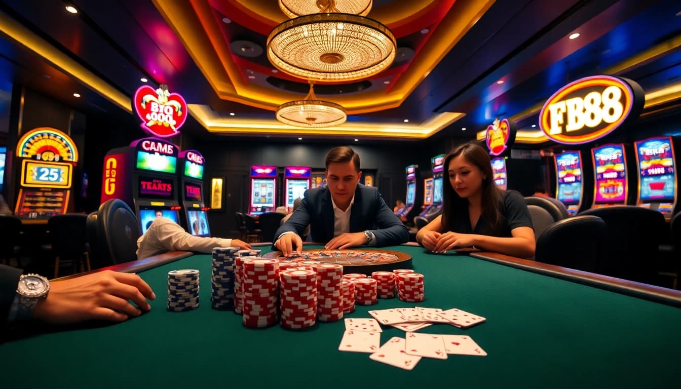 FB88 casino table with vibrant slots, poker chips, and a lively atmosphere.